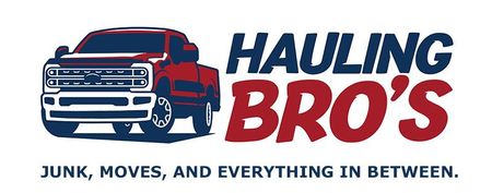 Logo for "Hauling Bro's" featuring a red truck, blue and red text, and the tagline "Junk, Moves, and Everything in Between."