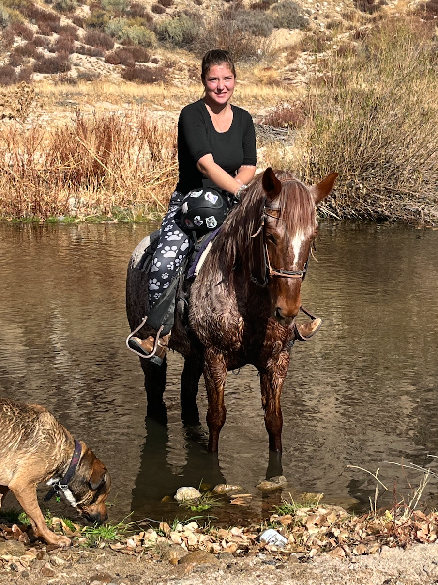 A woman is riding a horse in a river.