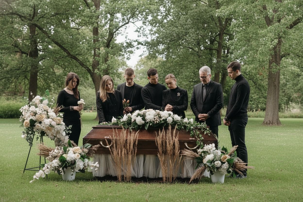 Family and friends dressed in black stand together at an outdoor graveside farewell service.