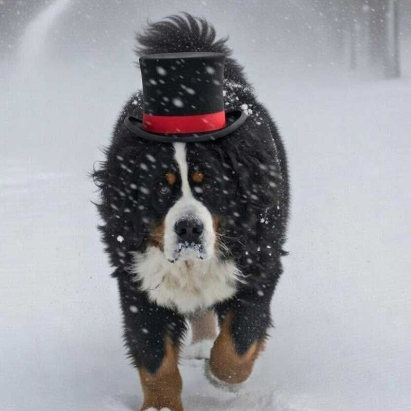 Bernese mountain dog running in snow, wearing a black top hat with a red band