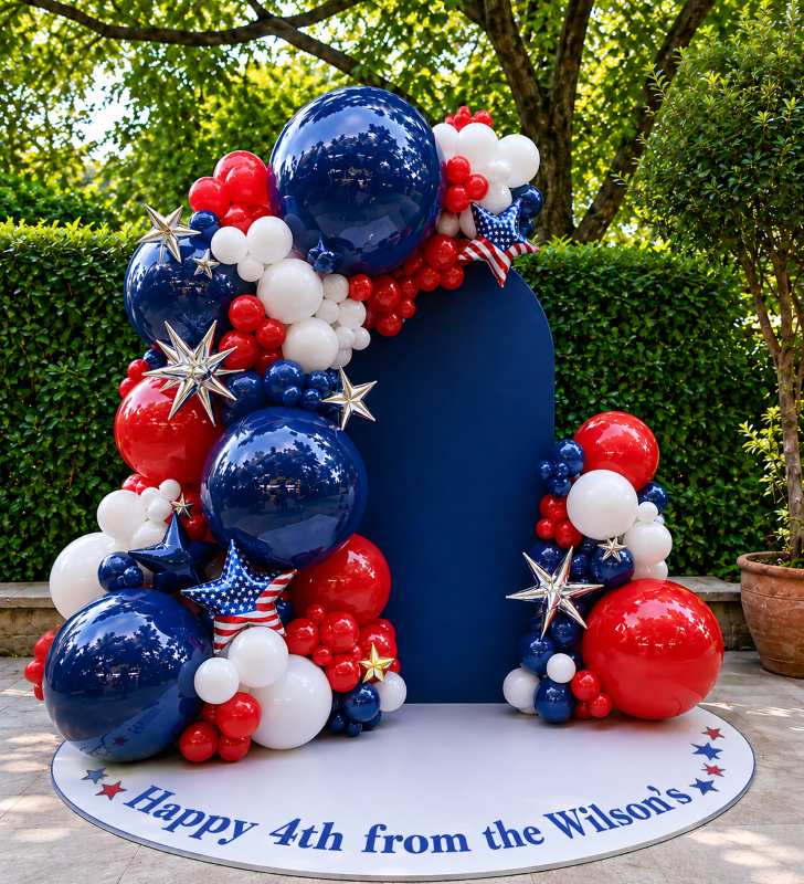 4th of July balloon backdrop wall Los Angeles — American flag red white blue balloon installation