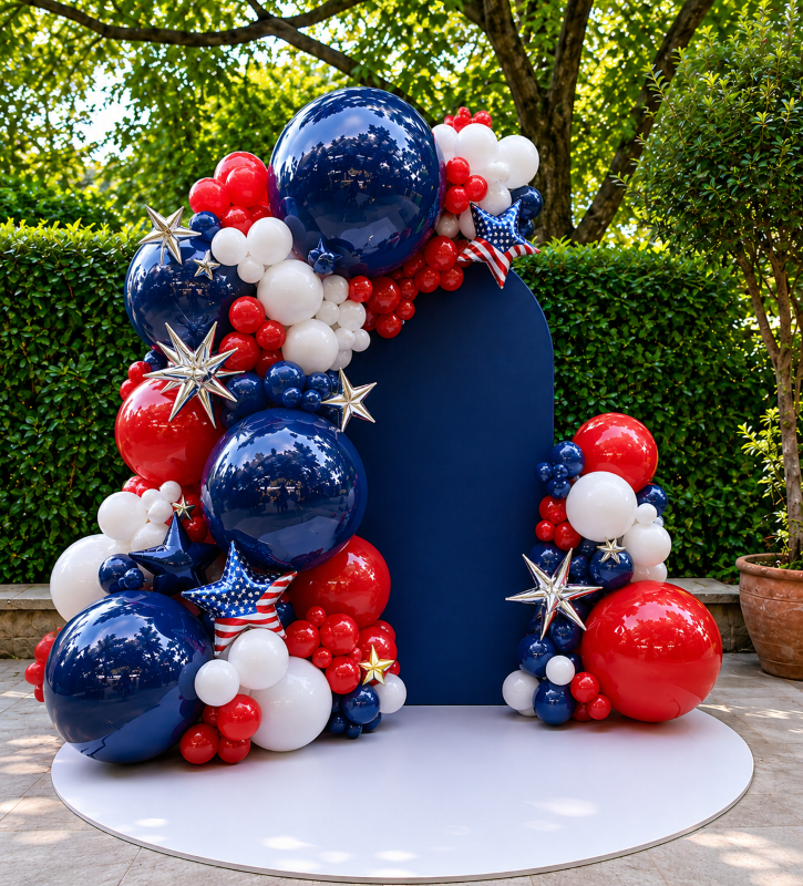 4th of July balloon backdrop wall Los Angeles — American flag red white blue balloon installation