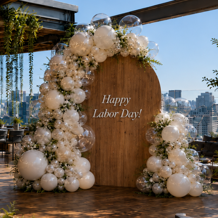  All-white Labor Day balloon backdrop Los Angeles all-white party