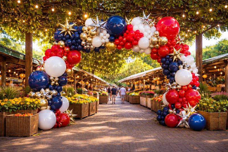 American flag themed balloon arch for 4th of July farmers market festival block party at Los Angeles venue