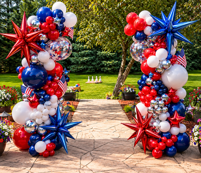 American flag themed organic balloon columns for 4th of July rooftop party at Los Angeles venue