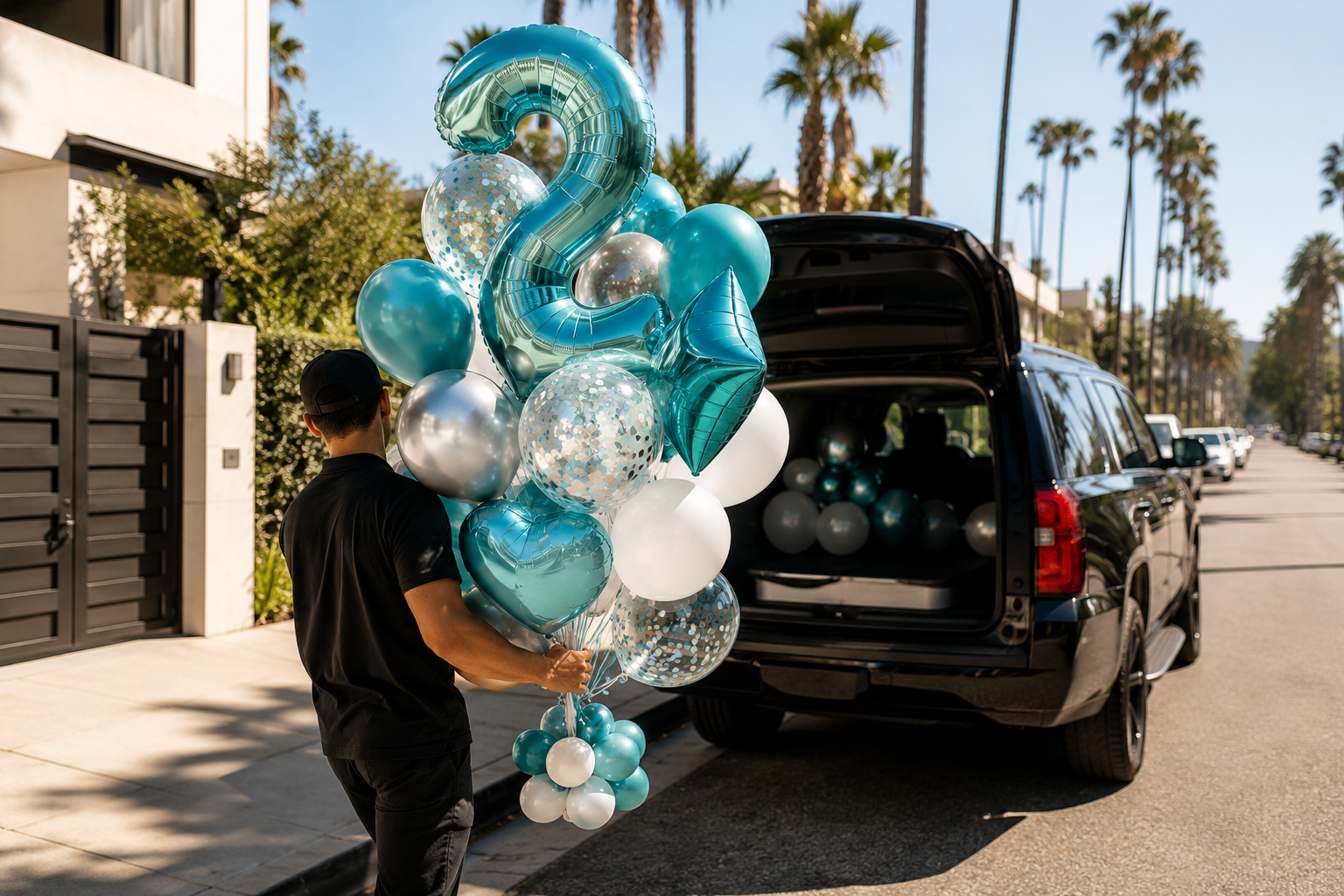 Balloon Concierge professional delivering a styled balloon arrangement in Los Angeles
