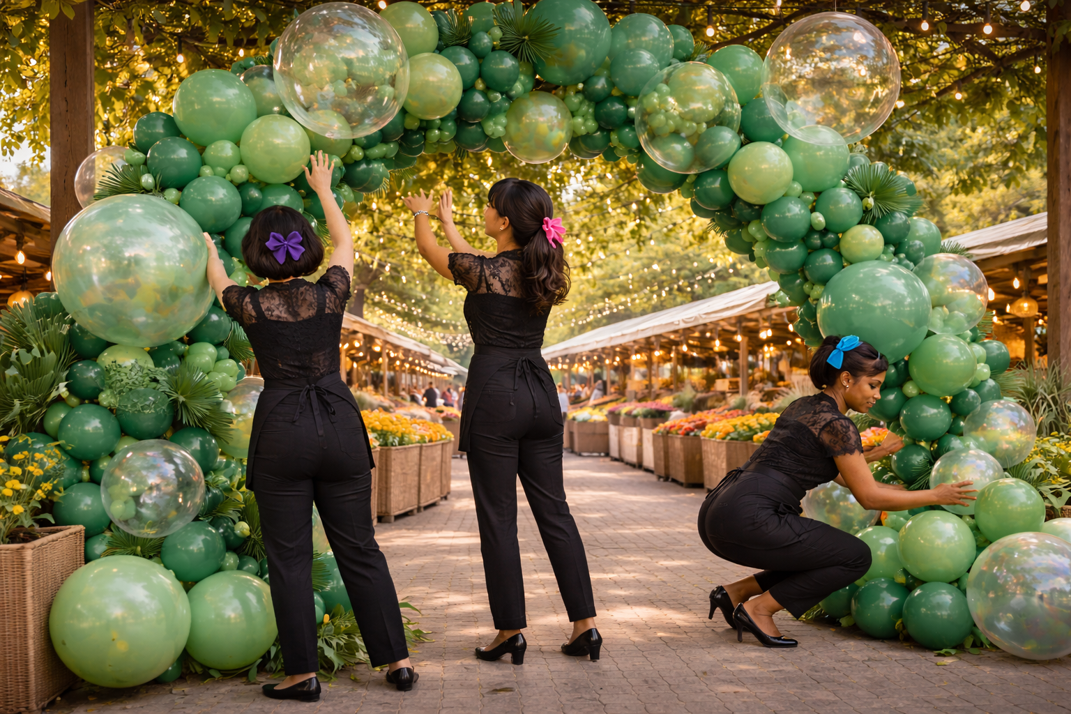 Balloon Concierge team installing balloon garland at Los Angeles event venue