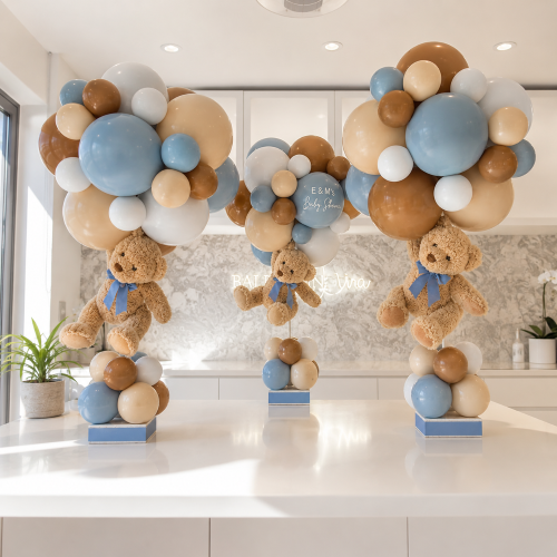 Blue, tan, cream and brown gender reveal balloon table bouquet decor delivery Los Angeles — It's a Boy arrangement