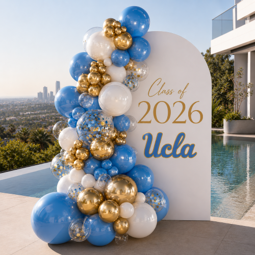 Graduation balloon backdrop wall Los Angeles — USA UCLA LMU 2026 photo wall installation
