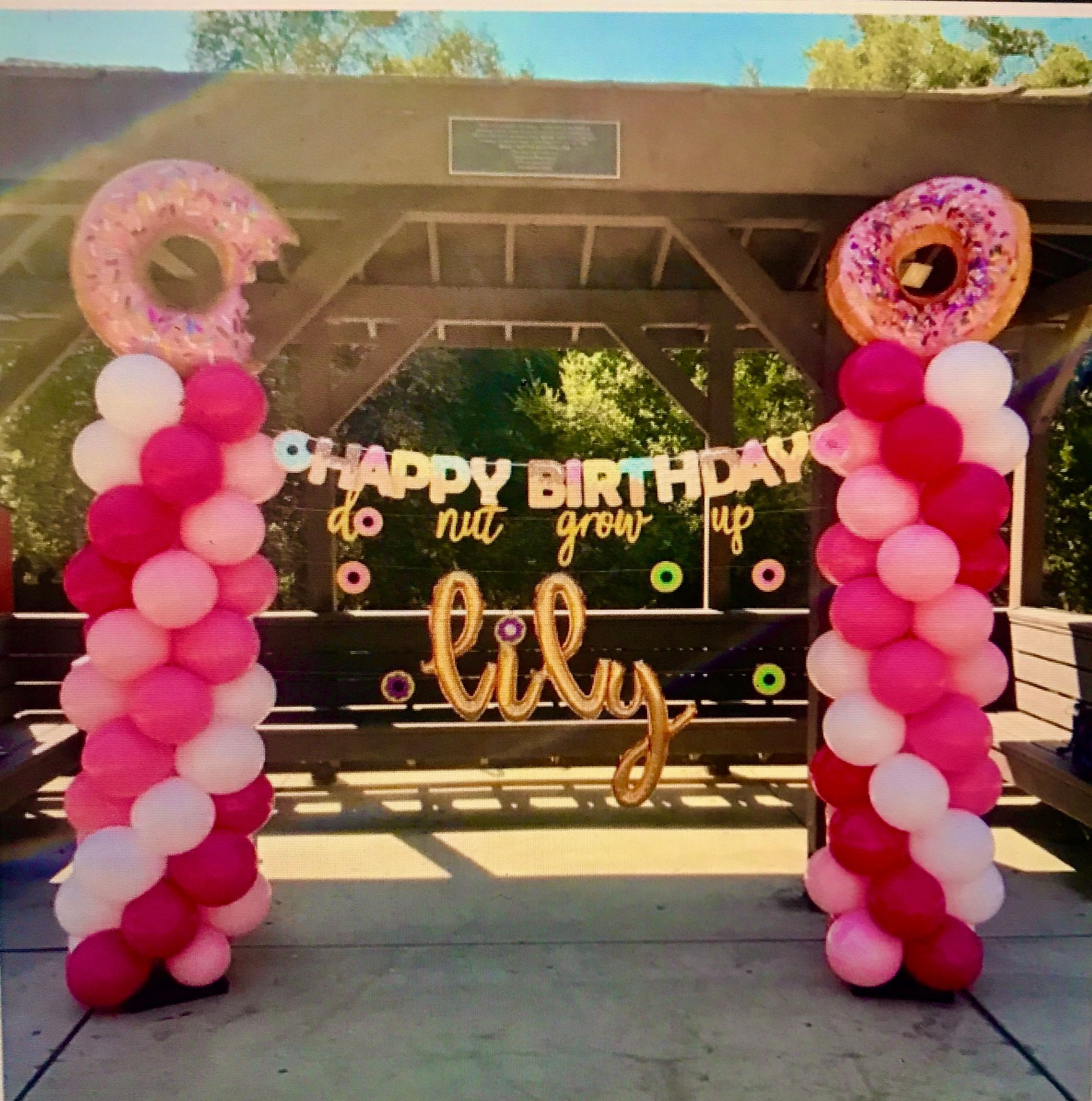 Donut-themed birthday decorations: balloon columns, banner, and Lily's name, set outdoors.
