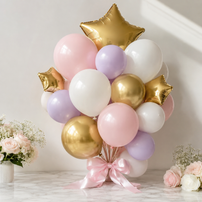 Custom baby shower balloon bouquet delivery Los Angeles — pink and gold flowers and balloons
