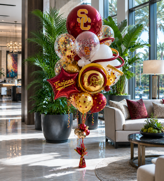 Custom graduation balloon bouquet delivery Los Angeles — school colors with grad cap topper