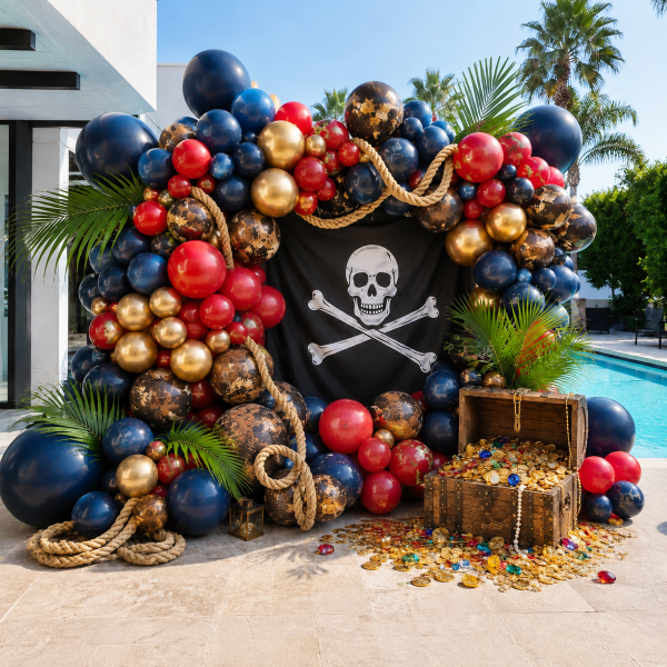 Custom pirate adventure theme balloon backdrop wall poolside Los Angeles