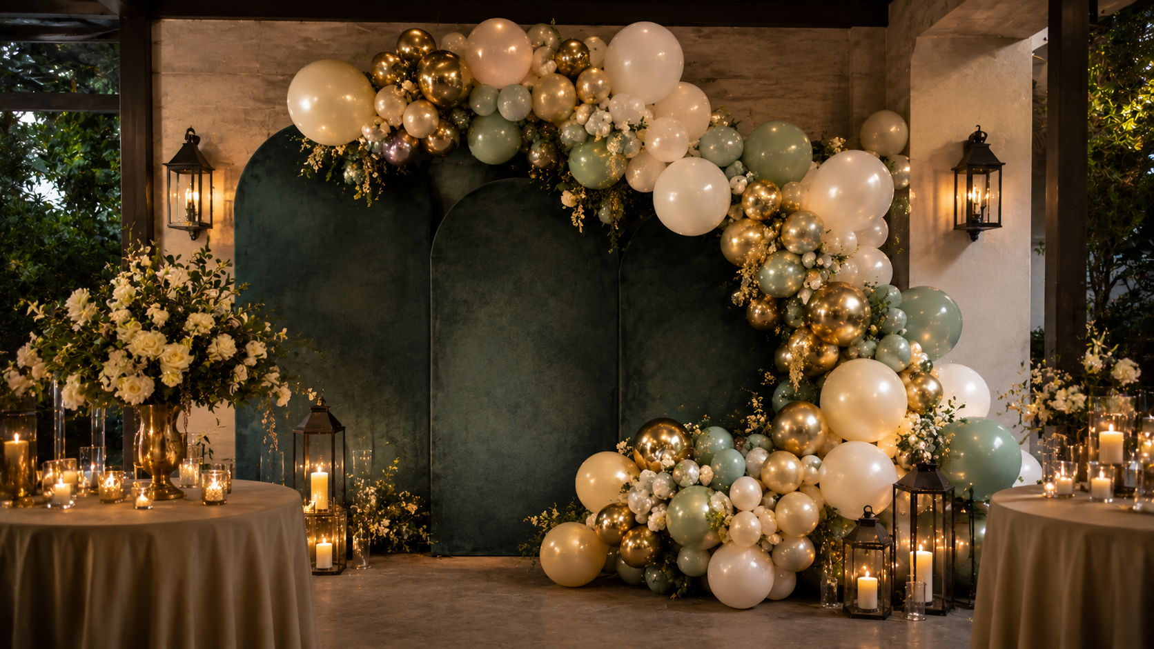 Elegant balloon garland and backdrop at a luxury Los Angeles celebration by Balloon Concierge