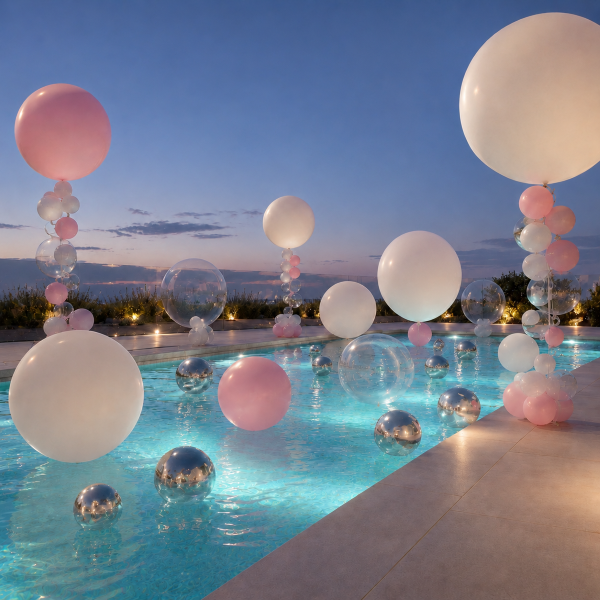 Floating balloons on swimming pool water Los Angeles pool party
