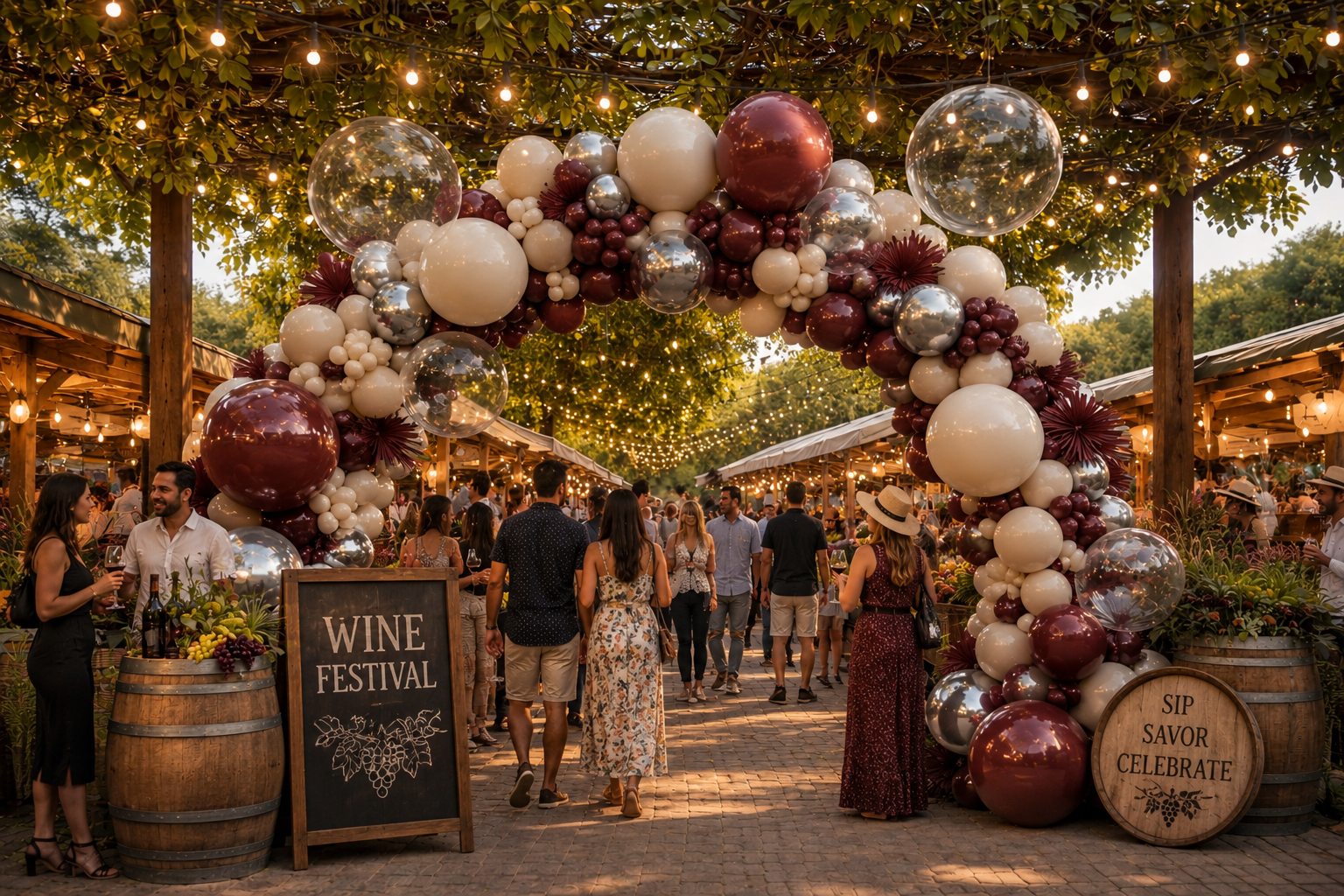Block party and festival balloon decor Los Angeles — large balloon columns and arch outdoors