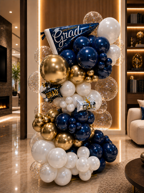 Luxury graduation freestanding balloon garland backdrop wall and Congrats Grad bouquet in school colors — Balloon Concierge Los Angeles