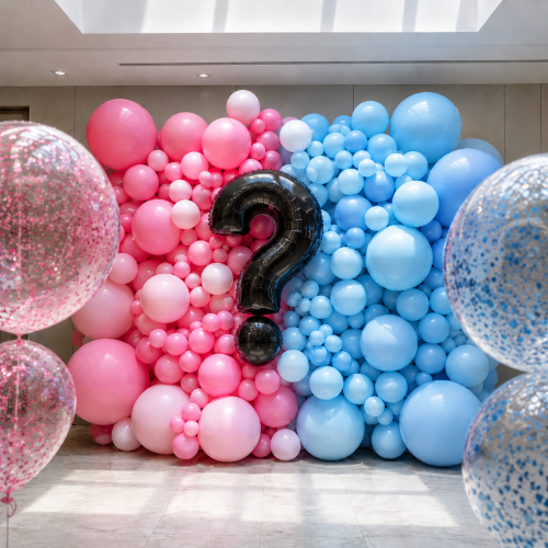 Baby shower and gender reveal balloon arch, garland backdrop wall delivery balloon concierge