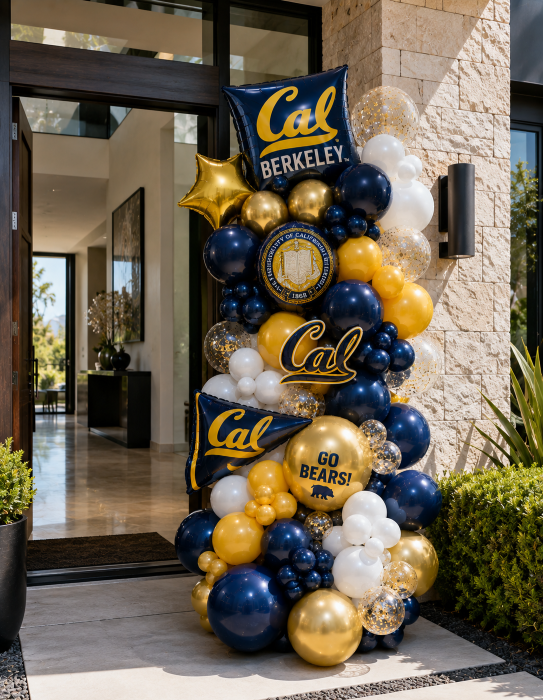 Luxury graduation freestanding balloon garland backdrop wall and Congrats Grad bouquet in school colors — Balloon Concierge Los Angeles
