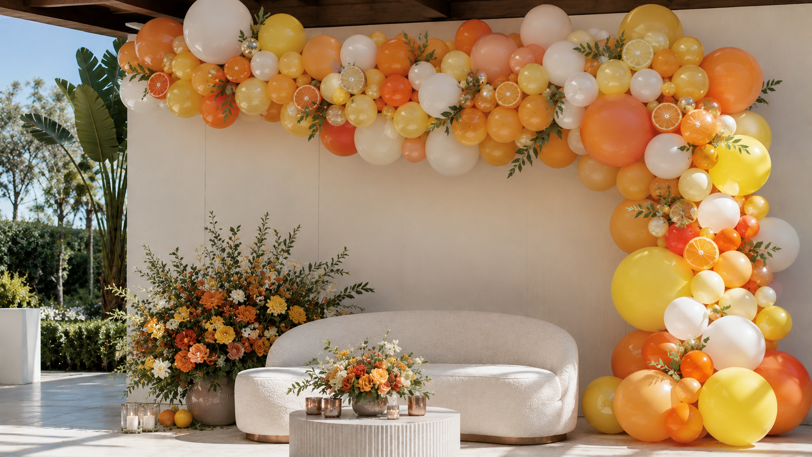 Lush organic balloon garland in yellow and orange citrus theme at a Los Angeles event by Balloon Con