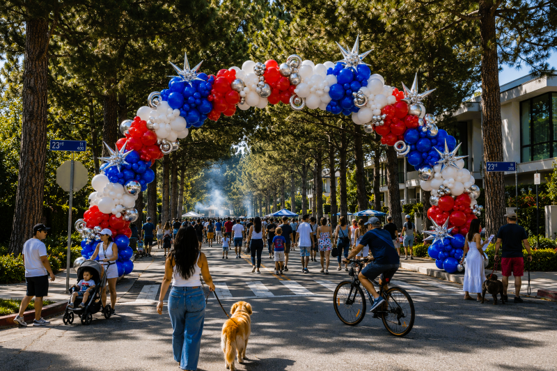Luxury 4th of July balloon garland arch in red, white, and blue with silver stars — Balloon Concierge Los Angeles