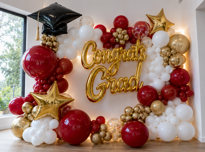 Luxury graduation balloon garland backdrop wall and Congrats Grad bouquet in school colors — Balloon Concierge Los Angeles