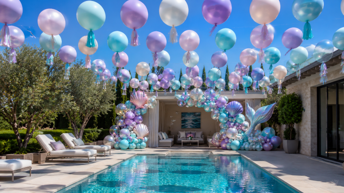 Mermaid Pool party balloon arch and garland Los Angeles backyard pool