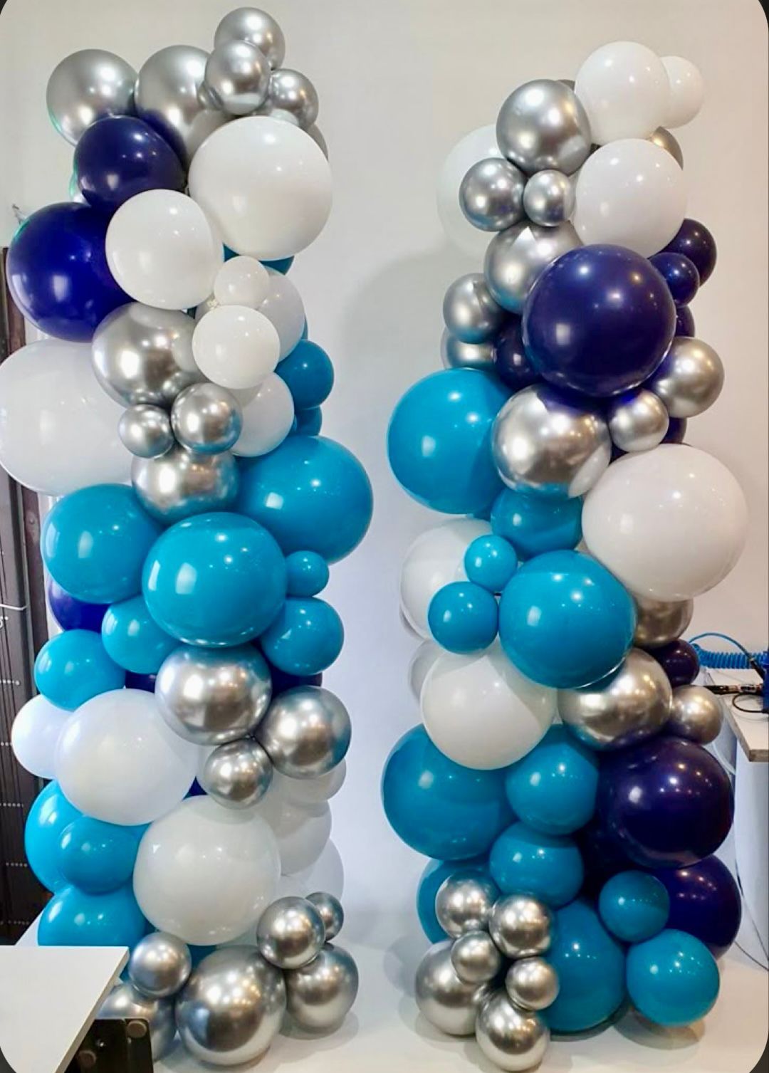 Teal, Blue, white silver dark blue organic balloon columns. Balloon Delivery Marina del Rey.