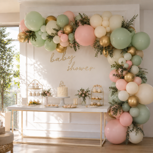 Organic balloon garland for baby shower in Los Angeles — mint green and pink arch installation