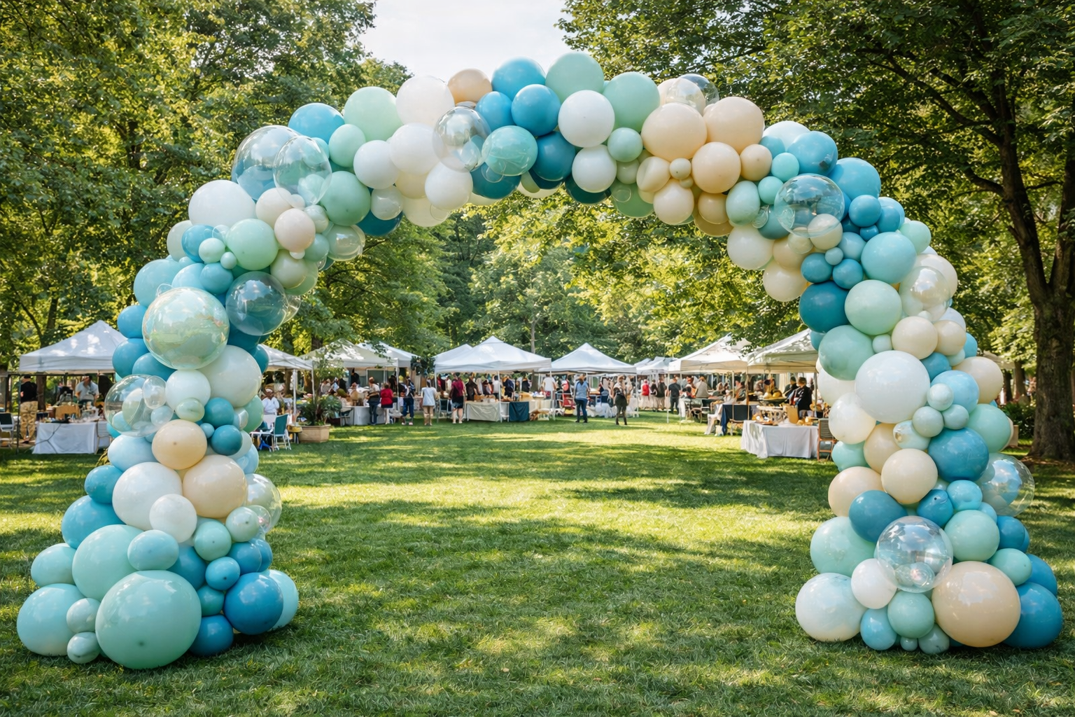 Outdoor balloon arch installation at Los Angeles event by Balloon Concierge