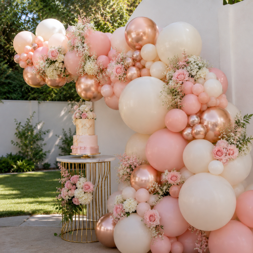 Luxury organic balloon garland in blush rose gold backdrop wall at a L.A. event by Balloon Concierge