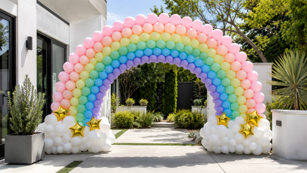 Pastel rainbow balloon arch setup for gender reveal party at Los Angeles outdoor venue