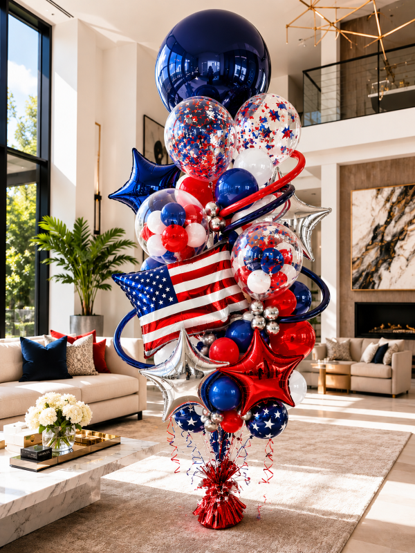 4th of July balloon delivery Los Angeles — red white and blue patriotic balloon bouquet