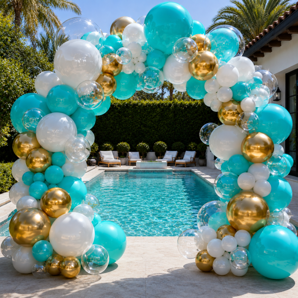 Summer pool party balloon delivery Los Angeles — tropical balloon arrangement by pool