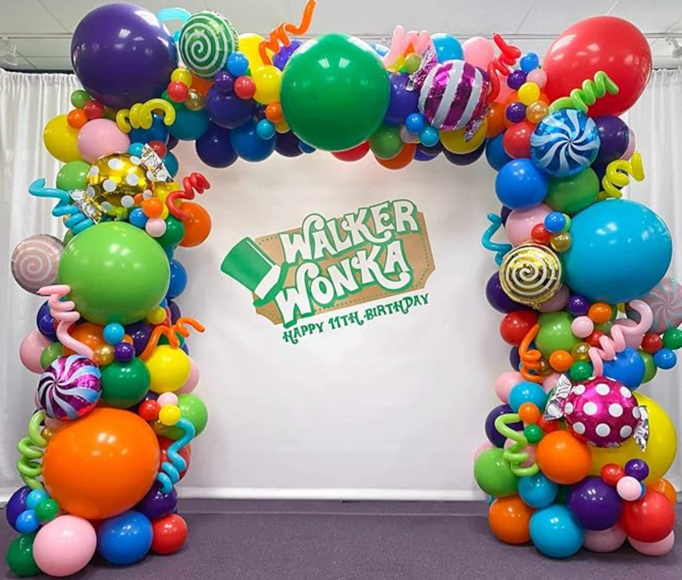A colorful balloon archway for a 