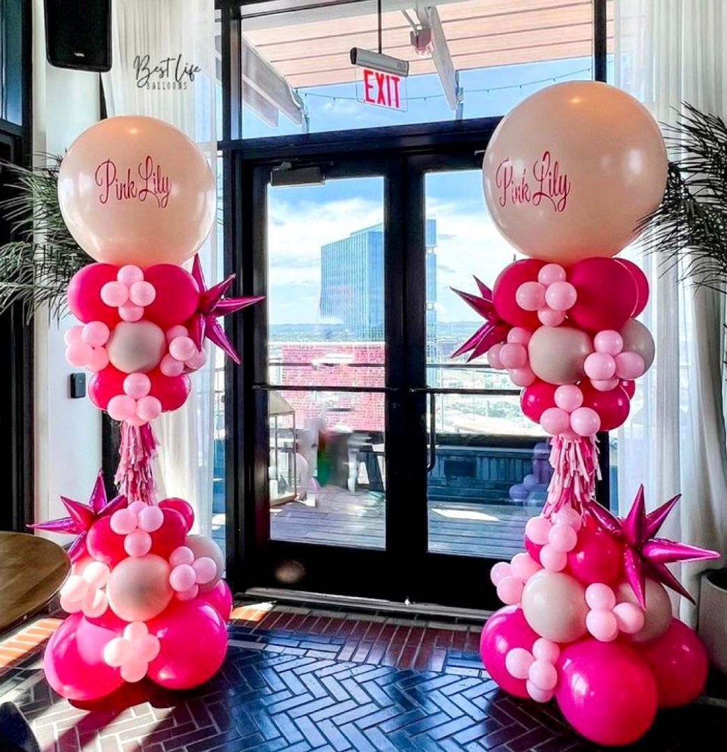 Pink organic balloons. tassels, custom printed. fancy luxury columns Balloon Delivery Mid-Wilshire