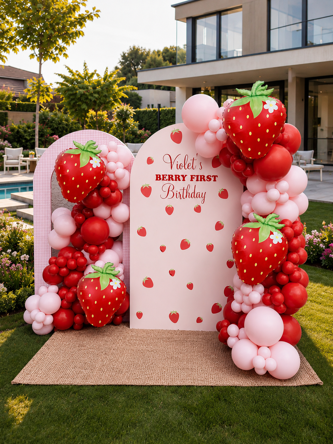 Summer Strawberry organic balloon garland theme photo wall backdrop Los Angeles