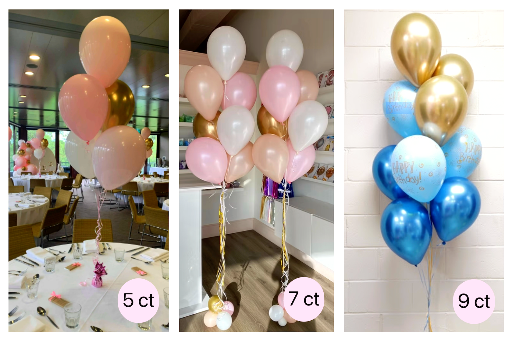 Three balloon centerpieces: pink, gold, and blue bouquets.