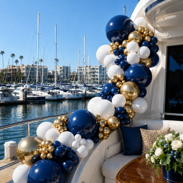 Navy blue, white, and gold balloon garland decorating a yacht dock for a Labor Day party in Marina del Rey