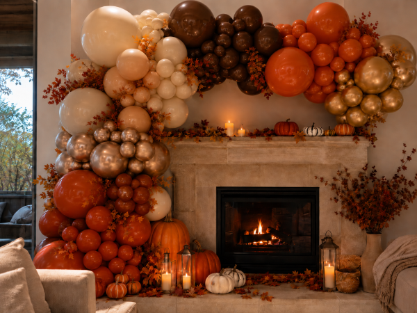 Organic fall balloon garland in terracotta mustard and cream draped over a fireplace mantel in Los Angeles