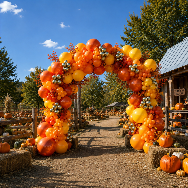  fall outdoor balloon arch in burnt orange yellow and gold framing the entry of a Los Angeles pumpkin patch