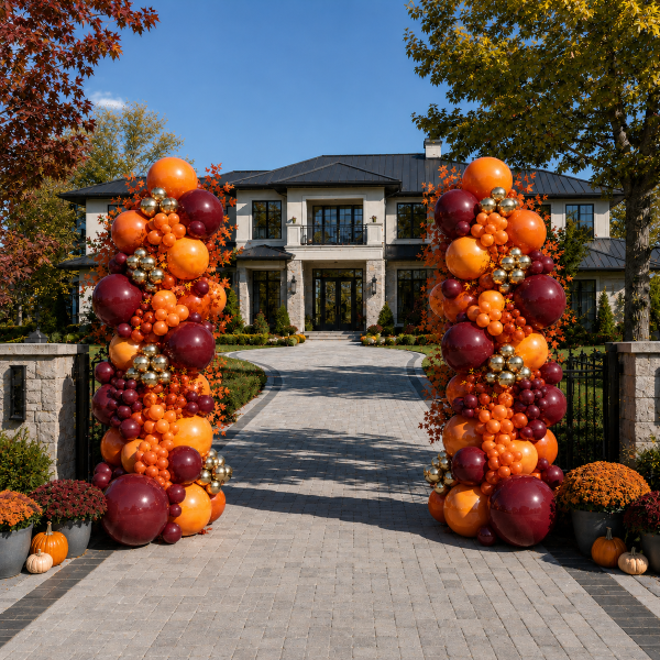 fall organic balloon columns orange burgundy Brentwood