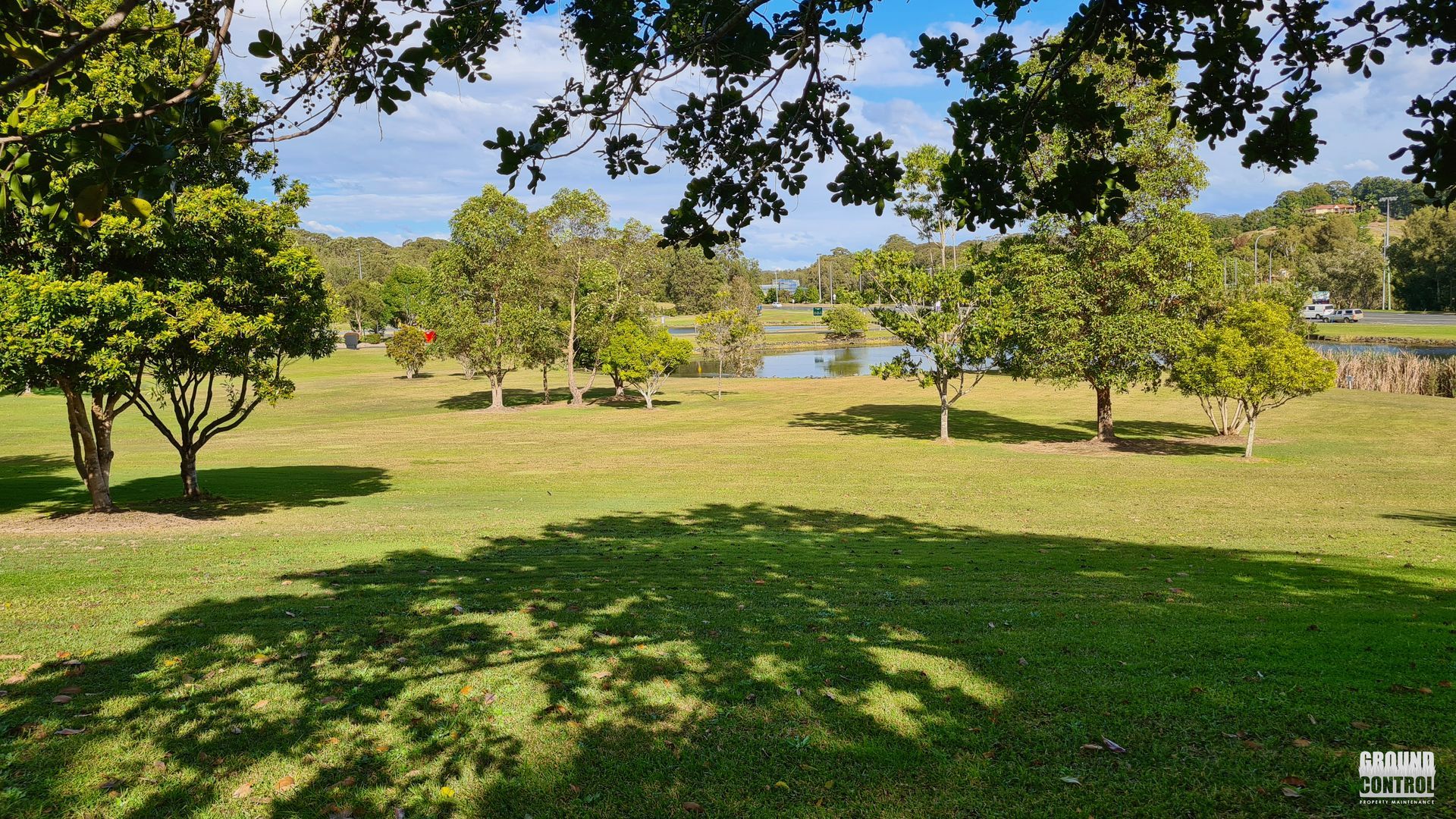 Sunlit park with grassy lawn, scattered trees, and distant water under a clear blue sky — Ground Control Property Maintenance In North Boambee Valley, NSW