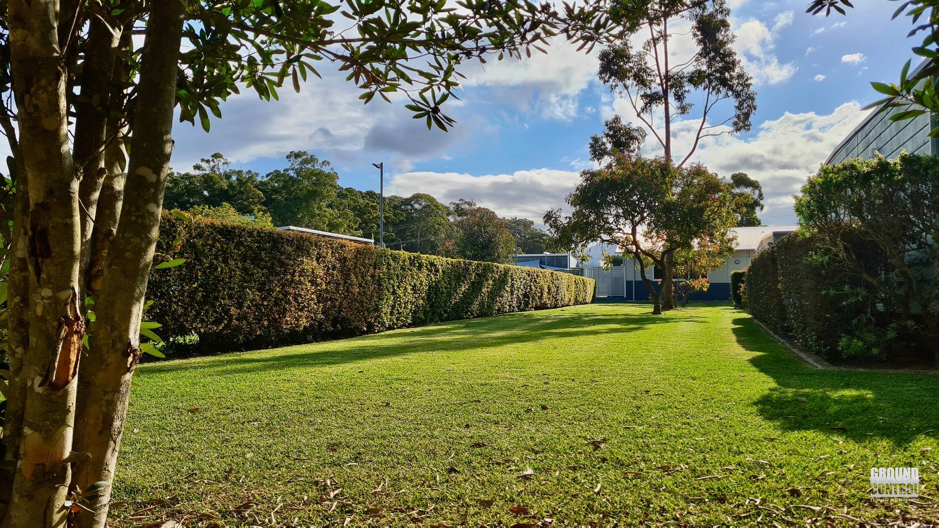 Sunny Green Lawn with Trees and Hedges Under a Partly Cloudy Sky, with Houses in The Distance — Ground Control Property Maintenance In North Boambee Valley, NSW