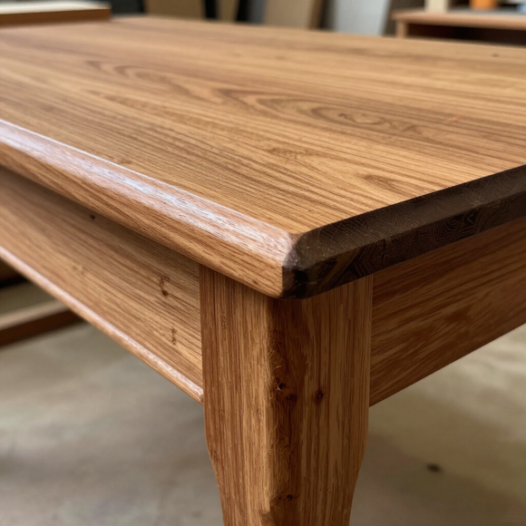 Primo piano dell'angolo di un tavolo di legno con bordo liscio e arrotondato e venature ben visibili.