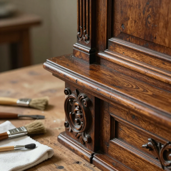 Primo piano di un mobile in legno intagliato in fase di restauro con pennelli su un tavolo da lavoro.