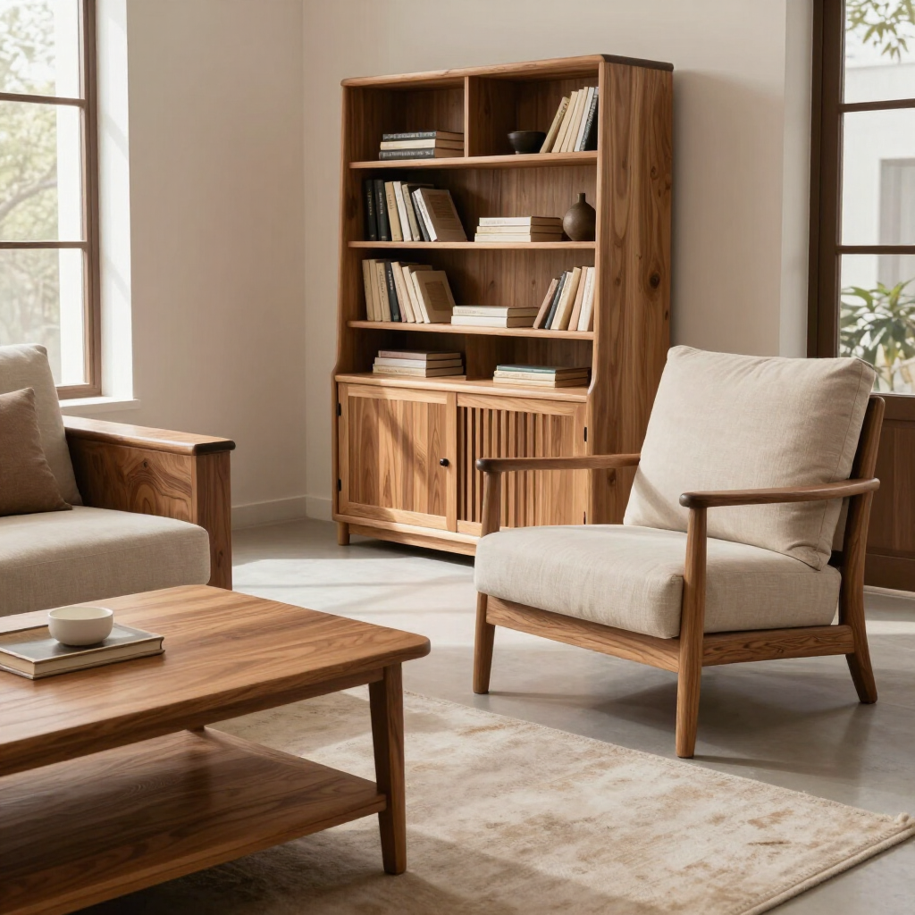 Soggiorno in legno con divano, poltrona, tavolino, tappeto e libreria vicino a finestre luminose