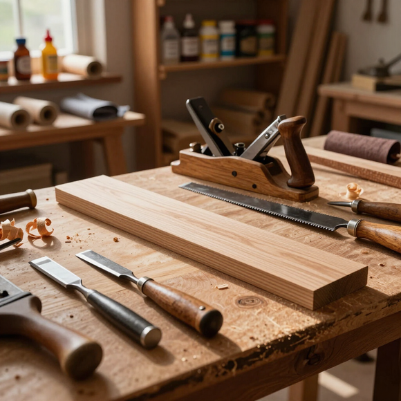 Banco da lavoro per la lavorazione del legno con pialle, scalpelli, seghe e una tavola di legno in un'officina.