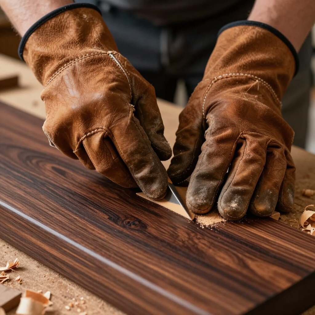 Mani guantate che levigano una tavola di legno, con trucioli sulla superficie.