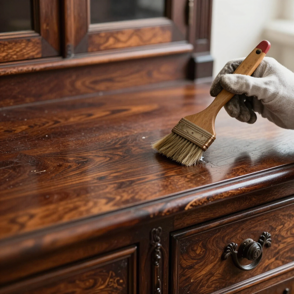 Mano guantata che lucida una cassettiera di legno scuro con una spazzola